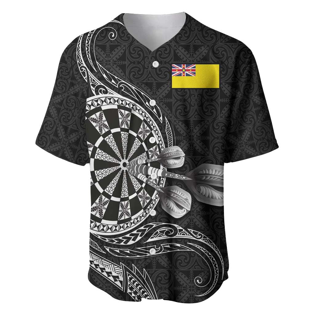 Personalised Niue Darts Masters Baseball Jersey Tribal Hiapo Dartboard LT03 Black - Polynesian Pride