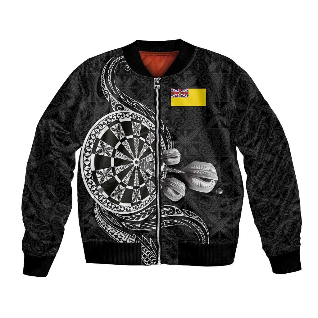 Personalised Niue Darts Masters Bomber Jacket Tribal Hiapo Dartboard LT03 Unisex Black - Polynesian Pride