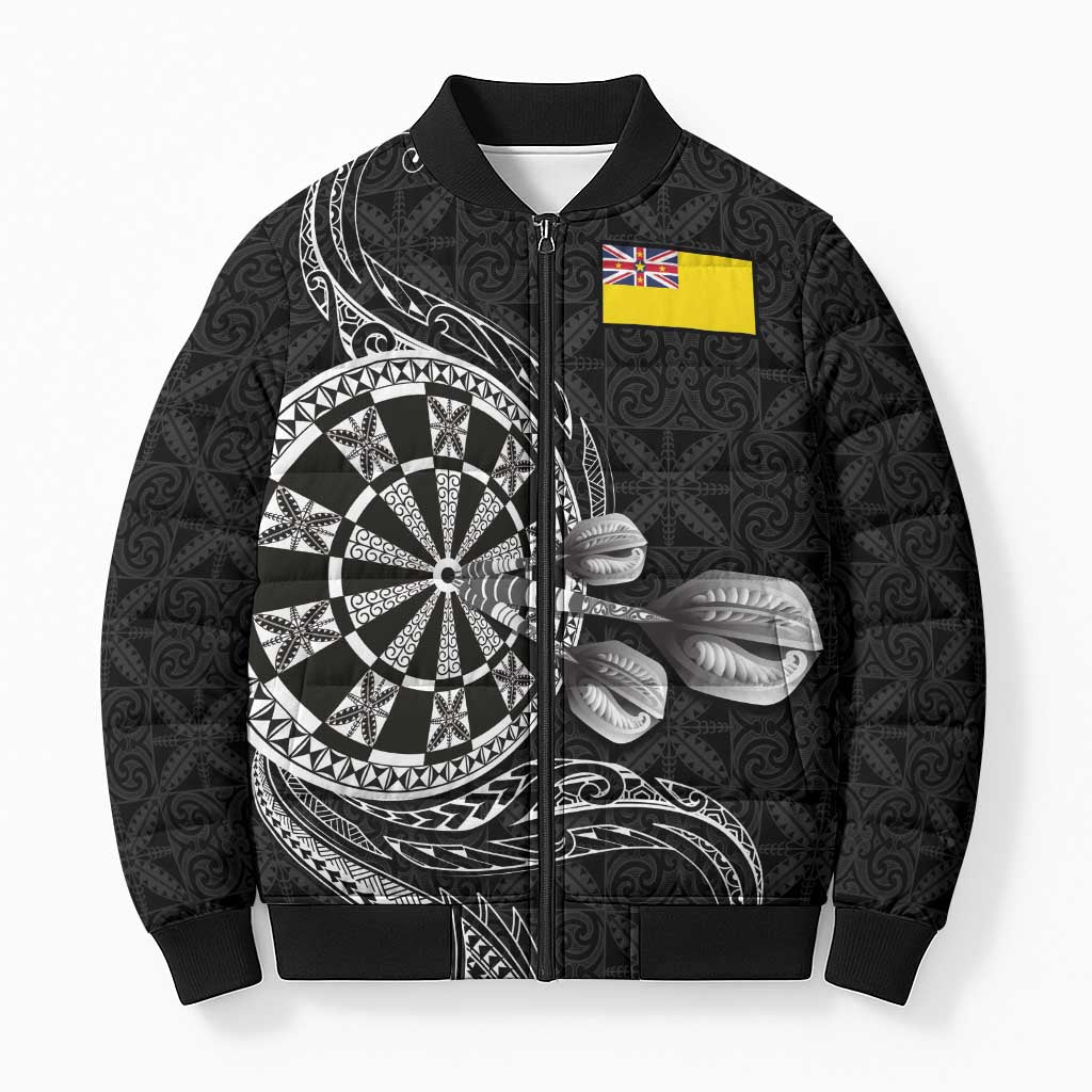 Personalised Niue Darts Masters Bomber Puffer Jacket Tribal Hiapo Dartboard LT03 Unisex Black - Polynesian Pride