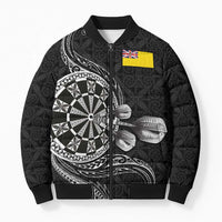 Personalised Niue Darts Masters Bomber Puffer Jacket Tribal Hiapo Dartboard LT03 Unisex Black - Polynesian Pride