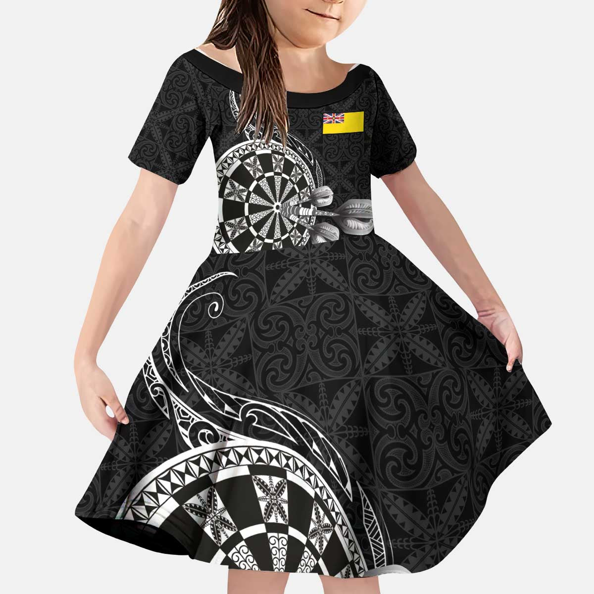Personalised Niue Darts Masters Kid Short Sleeve Dress Tribal Hiapo Dartboard LT03 KID Black - Polynesian Pride