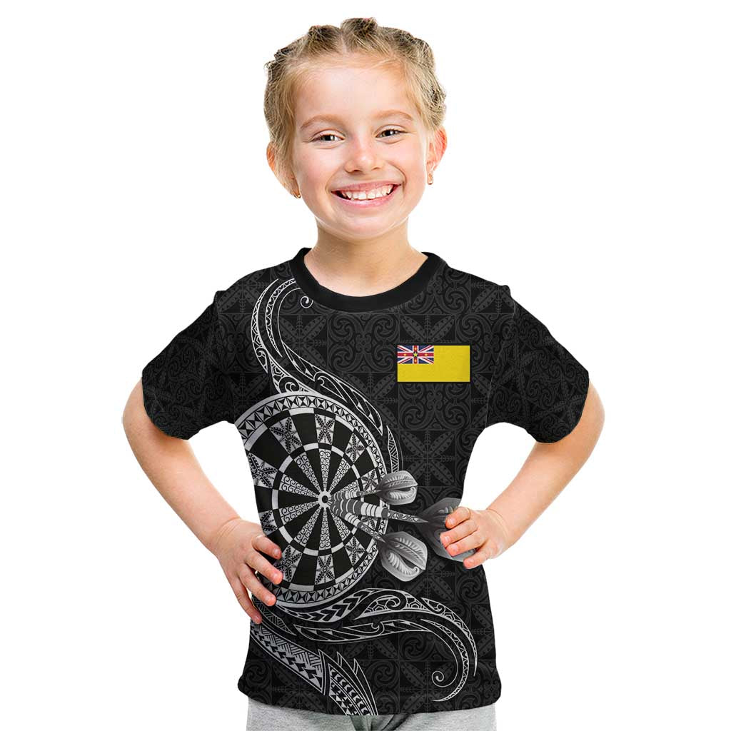 Personalised Niue Darts Masters Kid T Shirt Tribal Hiapo Dartboard LT03 Black - Polynesian Pride