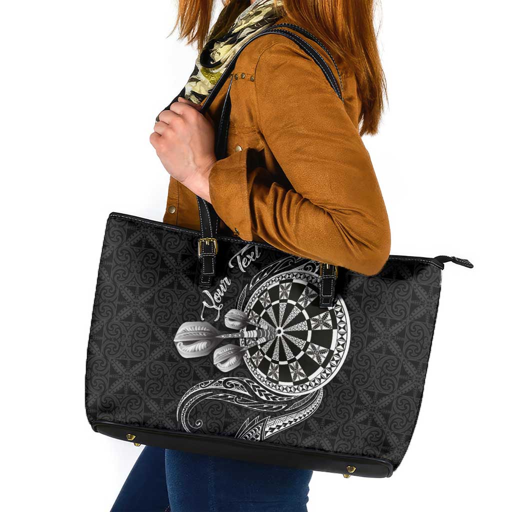 Personalised Niue Darts Masters Leather Tote Bag Tribal Hiapo Dartboard LT03 Black - Polynesian Pride