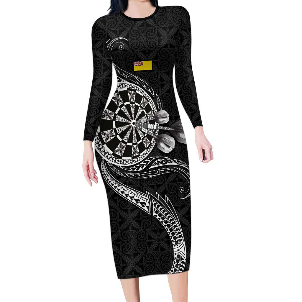 Personalised Niue Darts Masters Long Sleeve Bodycon Dress Tribal Hiapo Dartboard LT03 Long Dress Black - Polynesian Pride