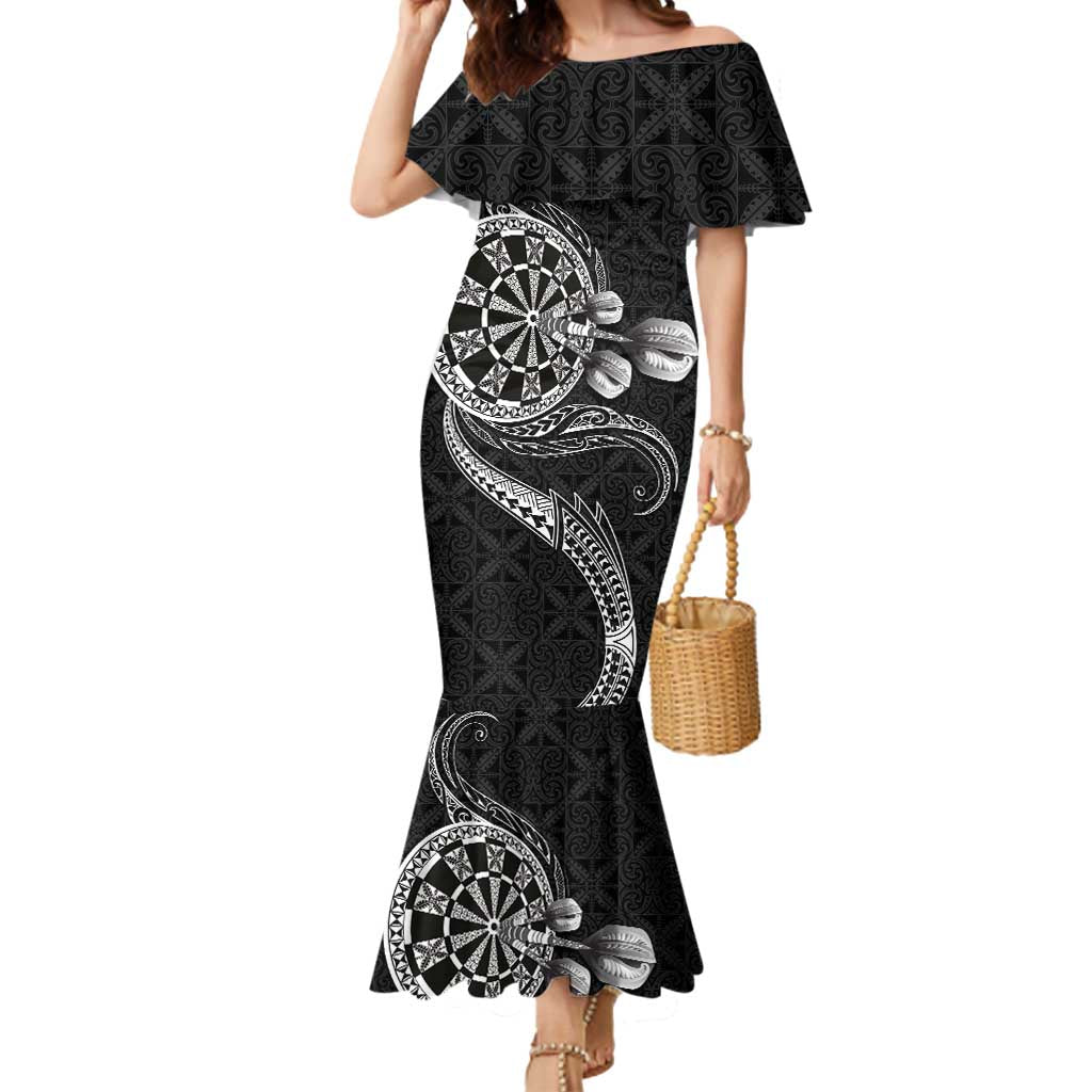 Personalised Niue Darts Masters Mermaid Dress Tribal Hiapo Dartboard LT03 Women Black - Polynesian Pride