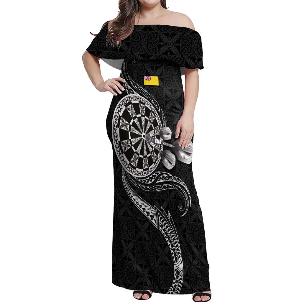 Personalised Niue Darts Masters Off Shoulder Maxi Dress Tribal Hiapo Dartboard LT03 Women Black - Polynesian Pride