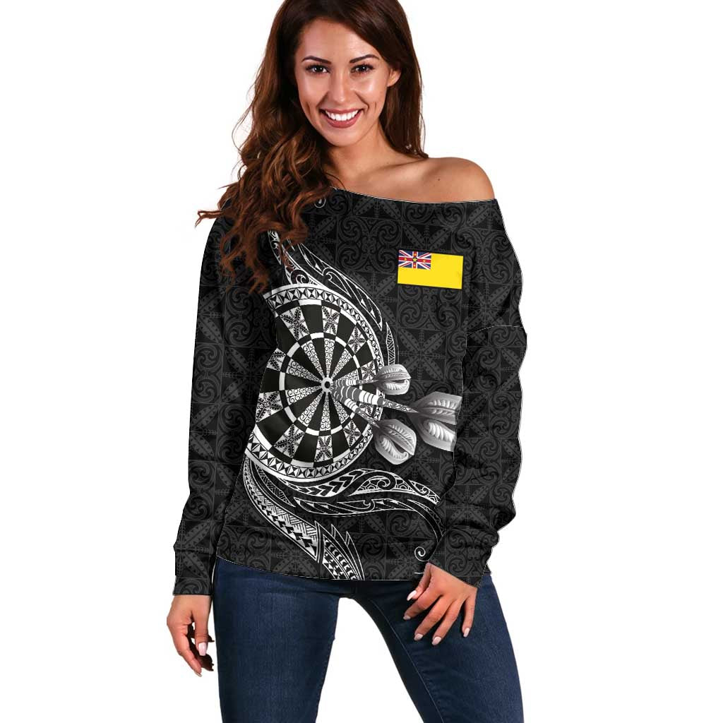 Personalised Niue Darts Masters Off Shoulder Sweater Tribal Hiapo Dartboard LT03 Women Black - Polynesian Pride