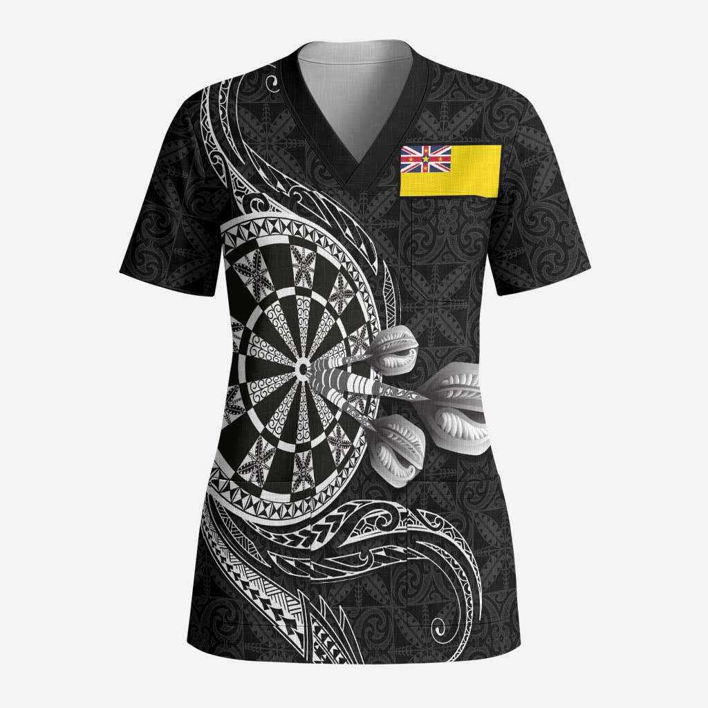Personalised Niue Darts Masters Scrub Top Tribal Hiapo Dartboard LT03 Adult Black - Polynesian Pride