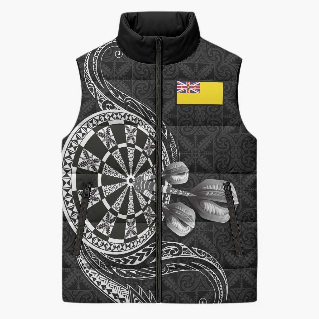 Personalised Niue Darts Masters Sleeveless Puffer Jacket Tribal Hiapo Dartboard LT03 Unisex Black - Polynesian Pride