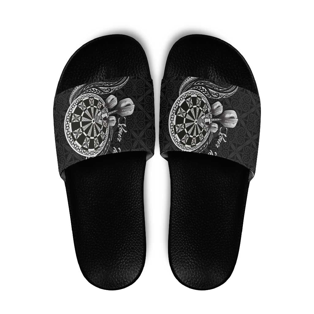 Personalised Niue Darts Masters Slide Sandals Tribal Hiapo Dartboard LT03 Black - Polynesian Pride