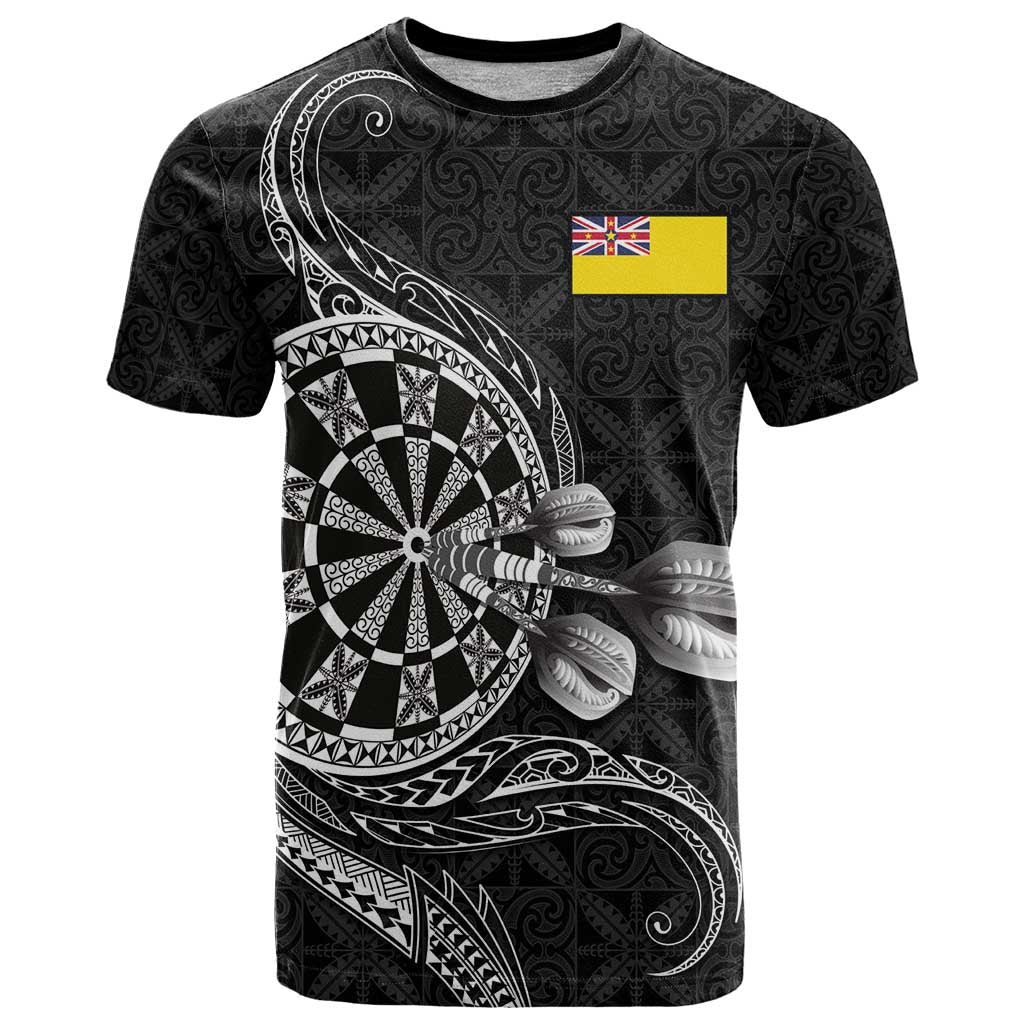 Personalised Niue Darts Masters T Shirt Tribal Hiapo Dartboard LT03 Black - Polynesian Pride