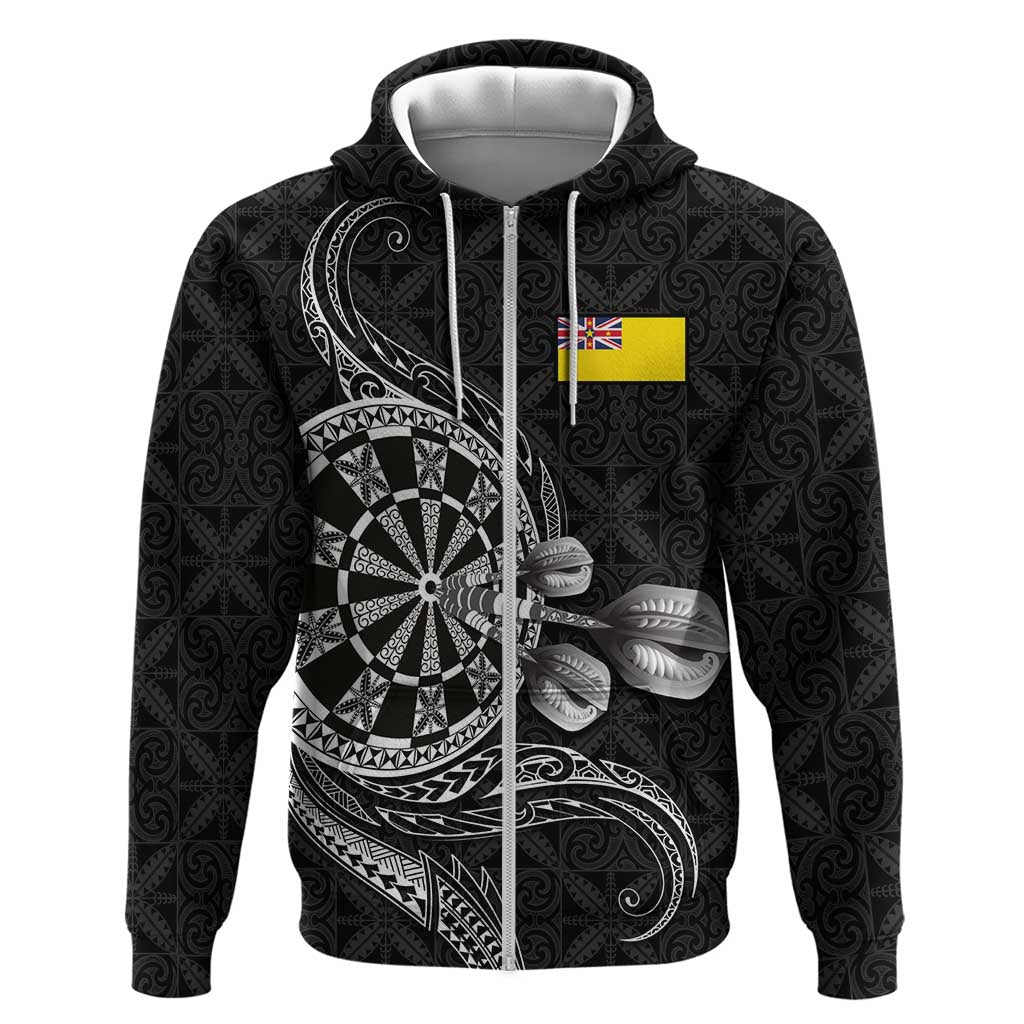 Personalised Niue Darts Masters Zip Hoodie Tribal Hiapo Dartboard LT03 Zip Hoodie Black - Polynesian Pride