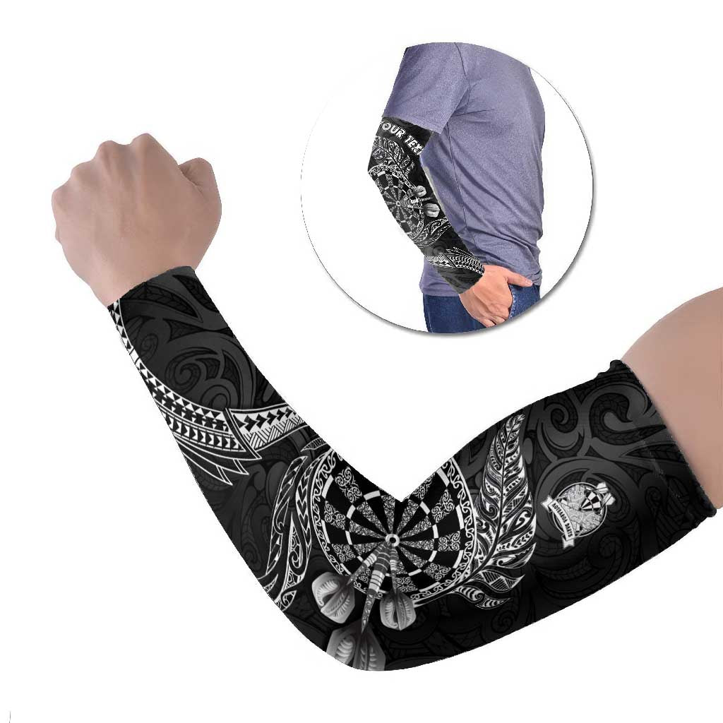 Personalised New Zealand Aotearoa Darts Masters Arm Sleeves Tribal Silver Fern and Ta Moko Dartboard LT03 Set of 2 Black - Polynesian Pride