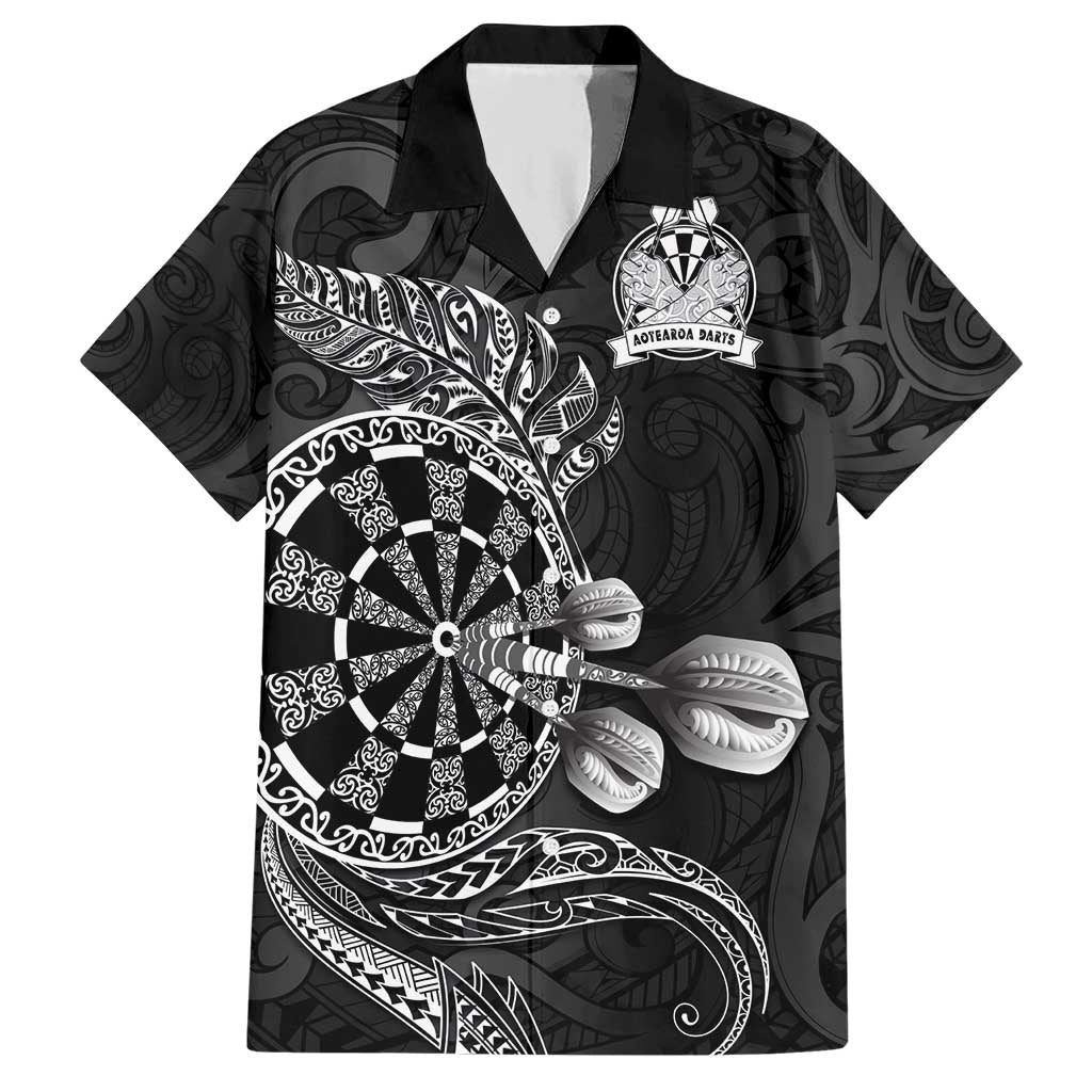 Personalised New Zealand Aotearoa Darts Masters Hawaiian Shirt Tribal Silver Fern and Ta Moko Dartboard LT03 Black - Polynesian Pride