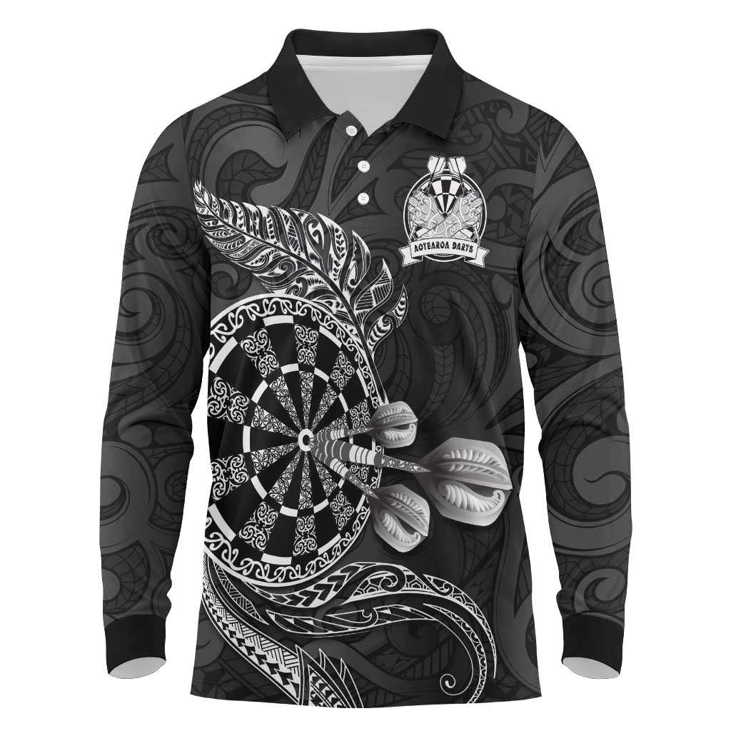 Personalised New Zealand Aotearoa Darts Masters Long Sleeve Polo Shirt Tribal Silver Fern and Ta Moko Dartboard LT03 Black - Polynesian Pride