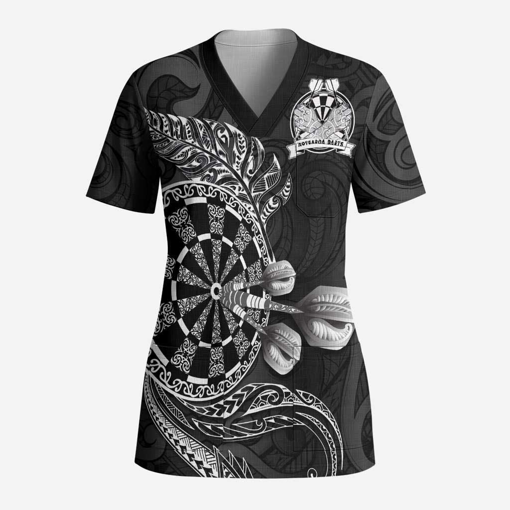 Personalised New Zealand Aotearoa Darts Masters Scrub Top Tribal Silver Fern and Ta Moko Dartboard LT03 Adult Black - Polynesian Pride