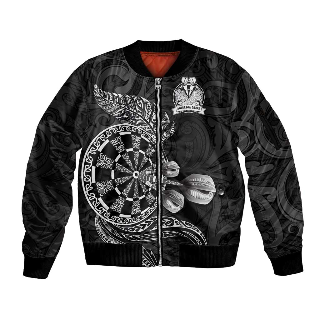 Personalised New Zealand Aotearoa Darts Masters Sleeve Zip Bomber Jacket Tribal Silver Fern and Ta Moko Dartboard LT03 Unisex Black - Polynesian Pride