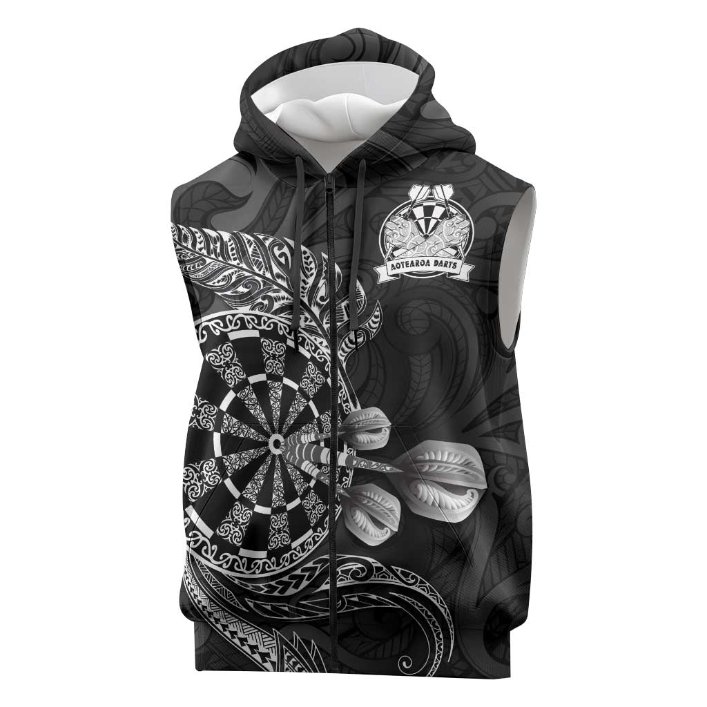 Personalised New Zealand Aotearoa Darts Masters Sleeveless Zip Hoodie Tribal Silver Fern and Ta Moko Dartboard LT03 Black - Polynesian Pride