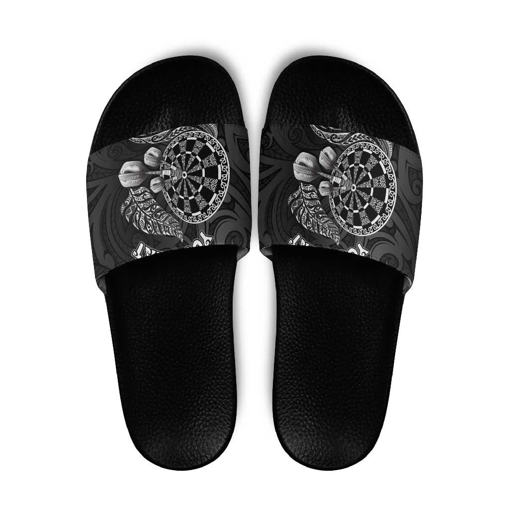 Personalised New Zealand Aotearoa Darts Masters Slide Sandals Tribal Silver Fern and Ta Moko Dartboard LT03 Black - Polynesian Pride