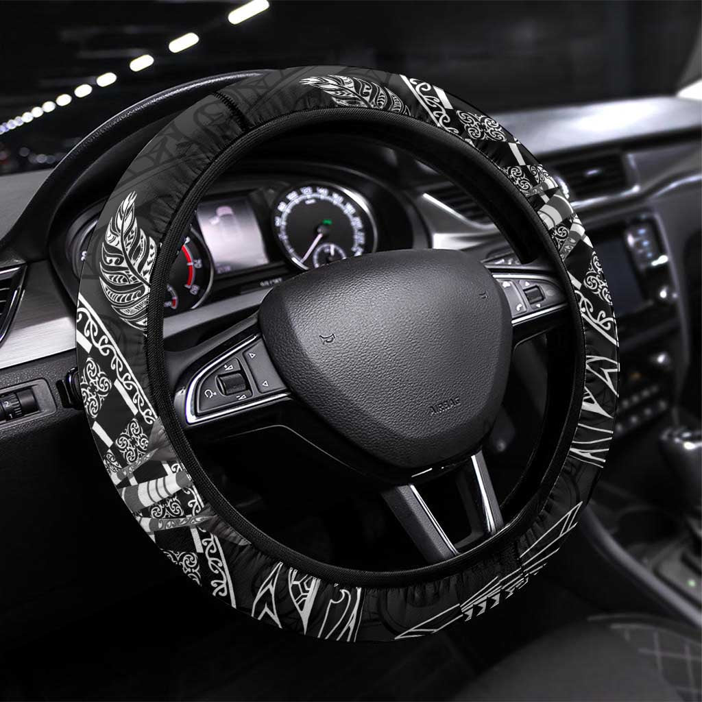 New Zealand Aotearoa Darts Masters Steering Wheel Cover Tribal Silver Fern and Ta Moko Dartboard LT03 Universal Fit Black - Polynesian Pride