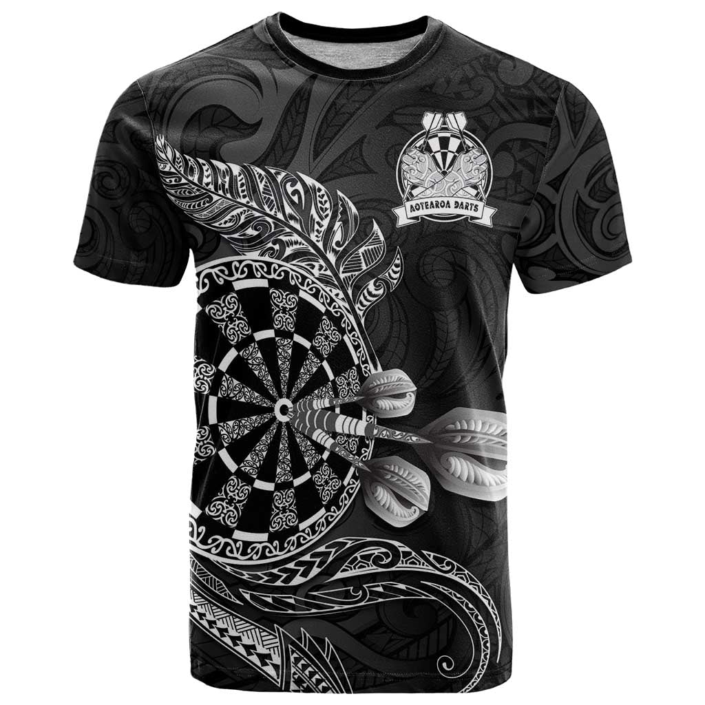 Personalised New Zealand Aotearoa Darts Masters T Shirt Tribal Silver Fern and Ta Moko Dartboard LT03 Black - Polynesian Pride