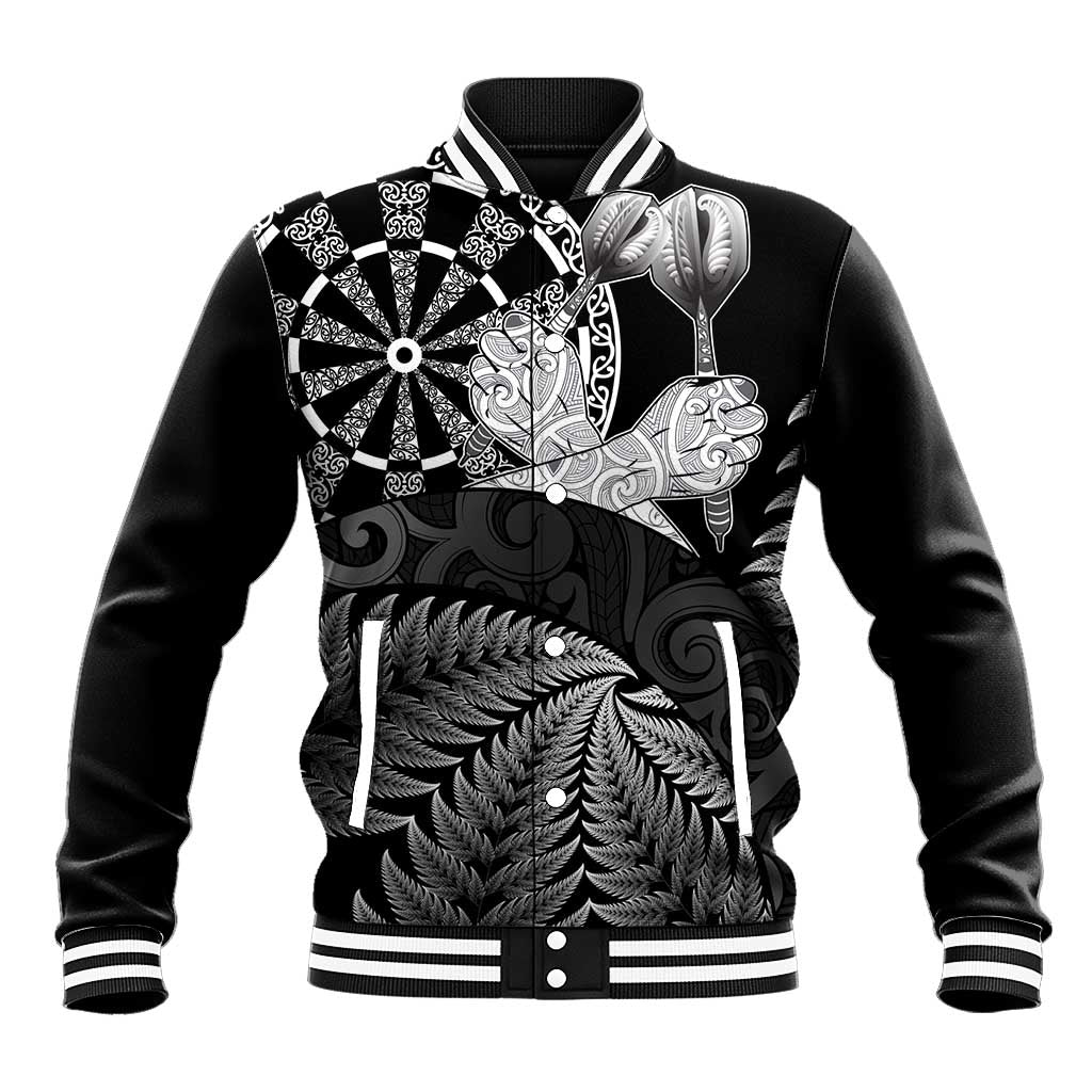 Personalised New Zealand Aotearoa Darts Masters Baseball Jacket Silver Fern and Maori Spirit LT03 Unisex Black - Polynesian Pride
