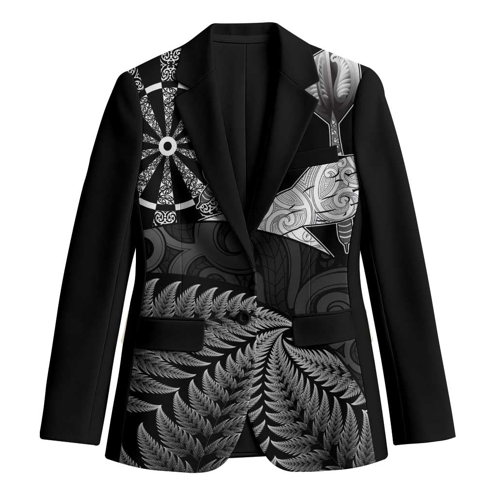 Personalised New Zealand Aotearoa Darts Masters Blazer Silver Fern and Maori Spirit LT03 Unisex Black - Polynesian Pride