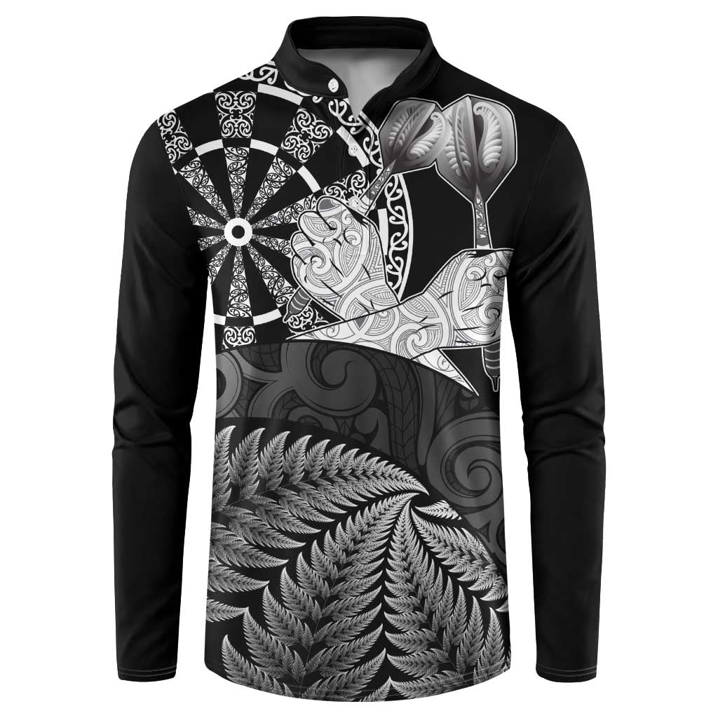 Personalised New Zealand Aotearoa Darts Masters Button Sweatshirt Silver Fern and Maori Spirit LT03 Black - Polynesian Pride