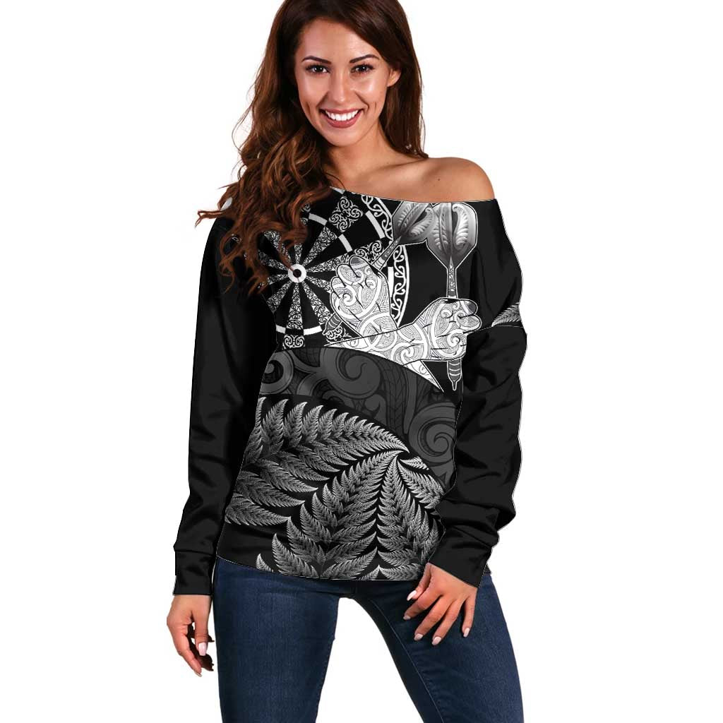 Personalised New Zealand Aotearoa Darts Masters Off Shoulder Sweater Silver Fern and Maori Spirit LT03 Women Black - Polynesian Pride