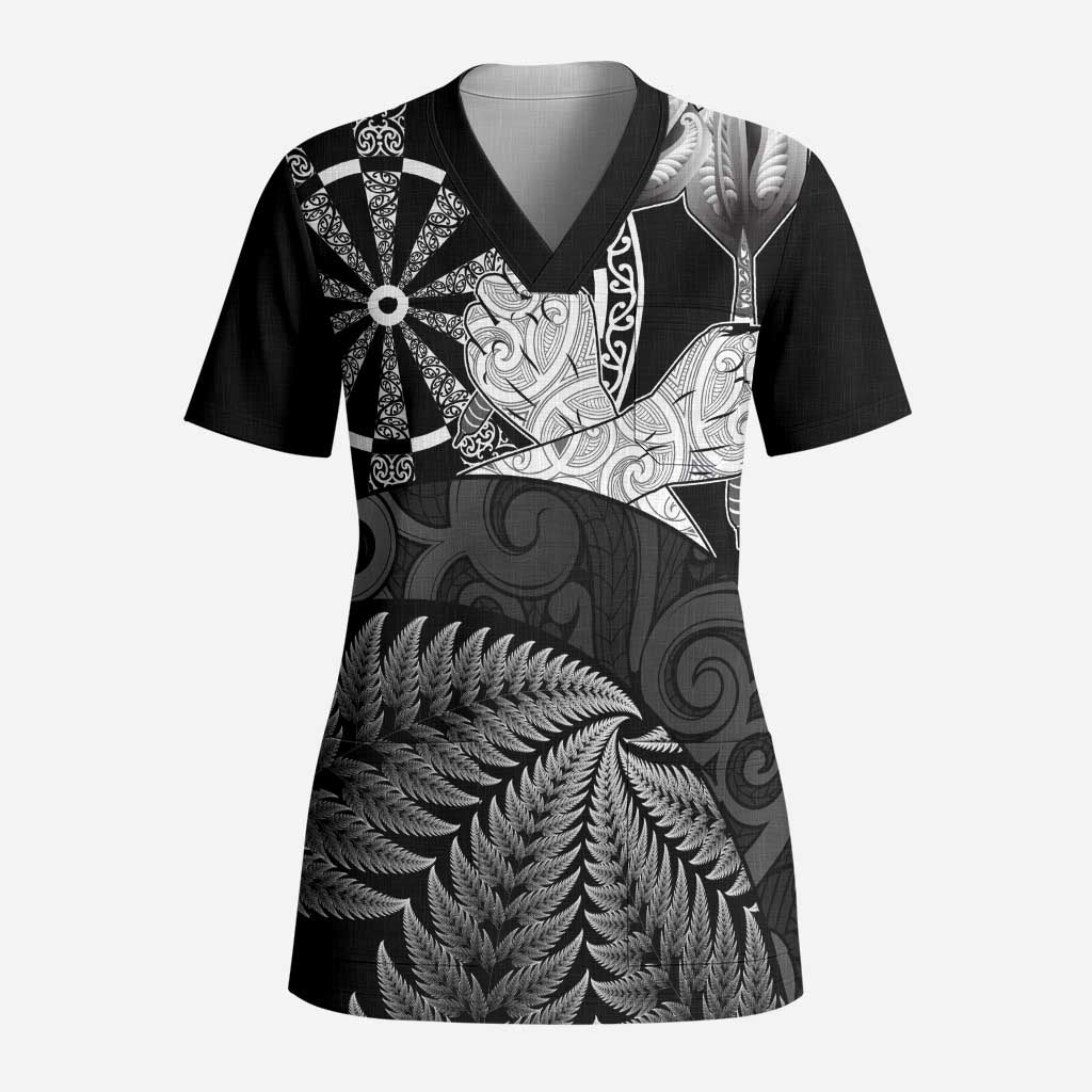 Personalised New Zealand Aotearoa Darts Masters Scrub Top Silver Fern and Maori Spirit LT03 Adult Black - Polynesian Pride