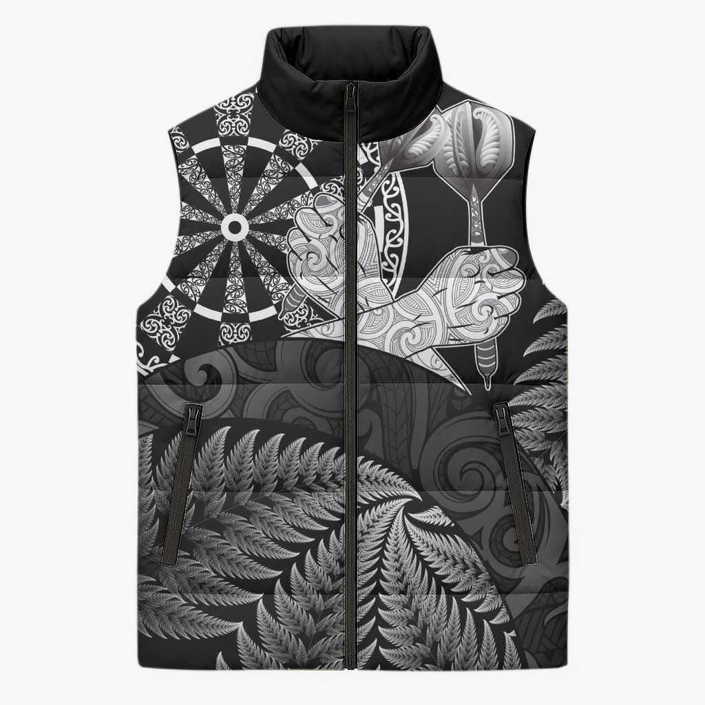 Personalised New Zealand Aotearoa Darts Masters Sleeveless Puffer Jacket Silver Fern and Maori Spirit LT03 Unisex Black - Polynesian Pride