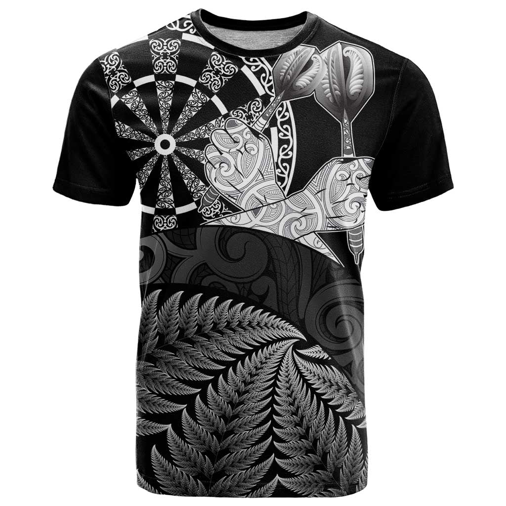 Personalised New Zealand Aotearoa Darts Masters T Shirt Silver Fern and Maori Spirit LT03 Black - Polynesian Pride