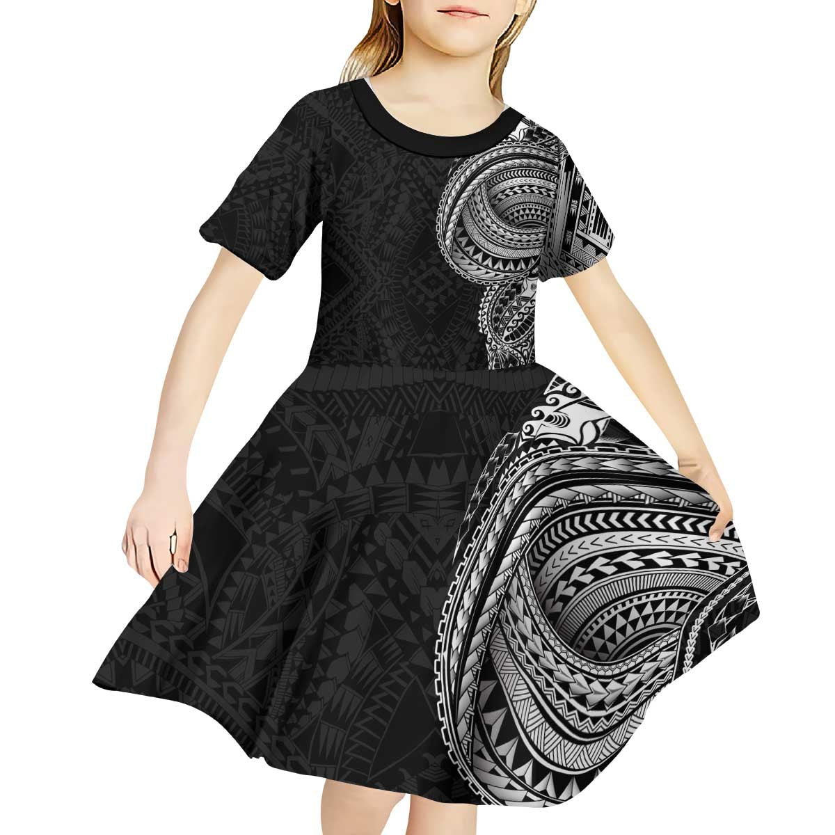 Traditional Polynesian Art Tattoos Kid Short Sleeve Dress Black Color LT03 - Polynesian Pride