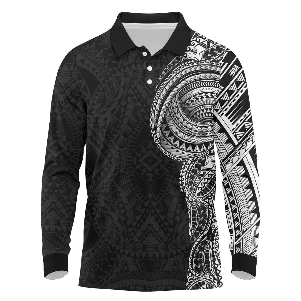 Traditional Polynesian Art Tattoos Long Sleeve Polo Shirt Black Color LT03 Black - Polynesian Pride