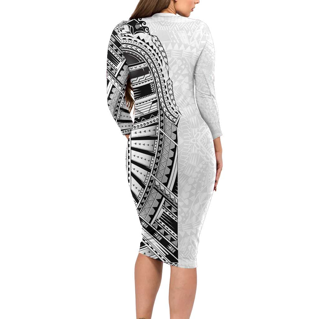 Traditional Polynesian Art Tattoos Long Sleeve Bodycon Dress White Color LT03 - Polynesian Pride