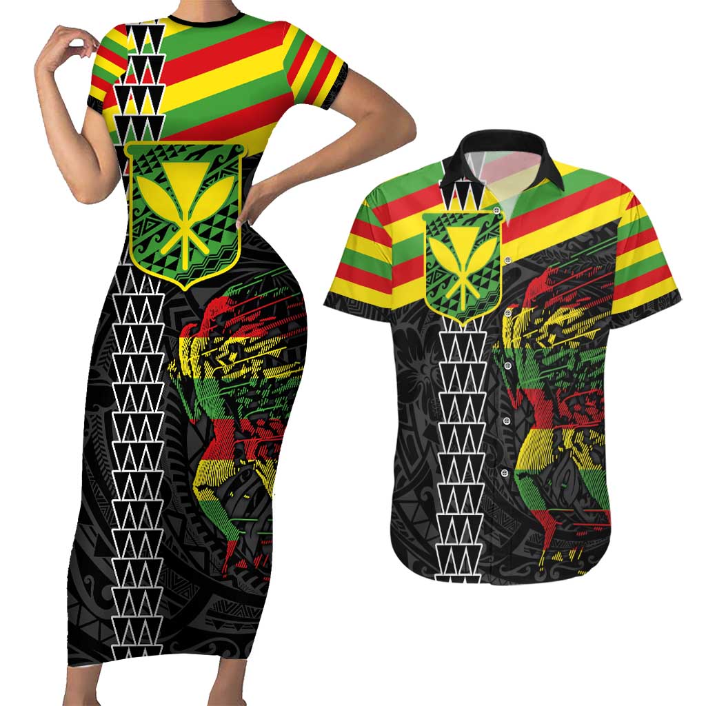 Kanaka Maoli Running Couples Matching Short Sleeve Bodycon Dress and Hawaiian Shirt Kakau Pattern with Kanaka Maoli Flag Color