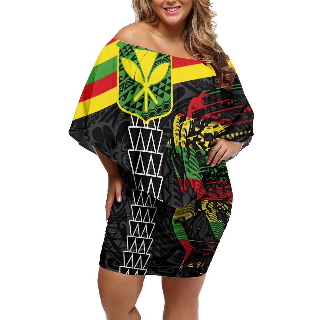 Kanaka Maoli Running Off Shoulder Short Dress Kakau Pattern with Kanaka Maoli Flag Color LT03 Women Black - Polynesian Pride