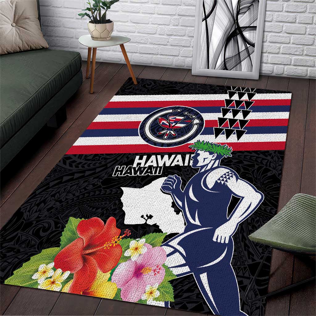 Honolulu Running Race Area Rug Hawaii Marathon Kakau Art with Hibiscus and National Flag Style LT03 Blue and White - Polynesian Pride