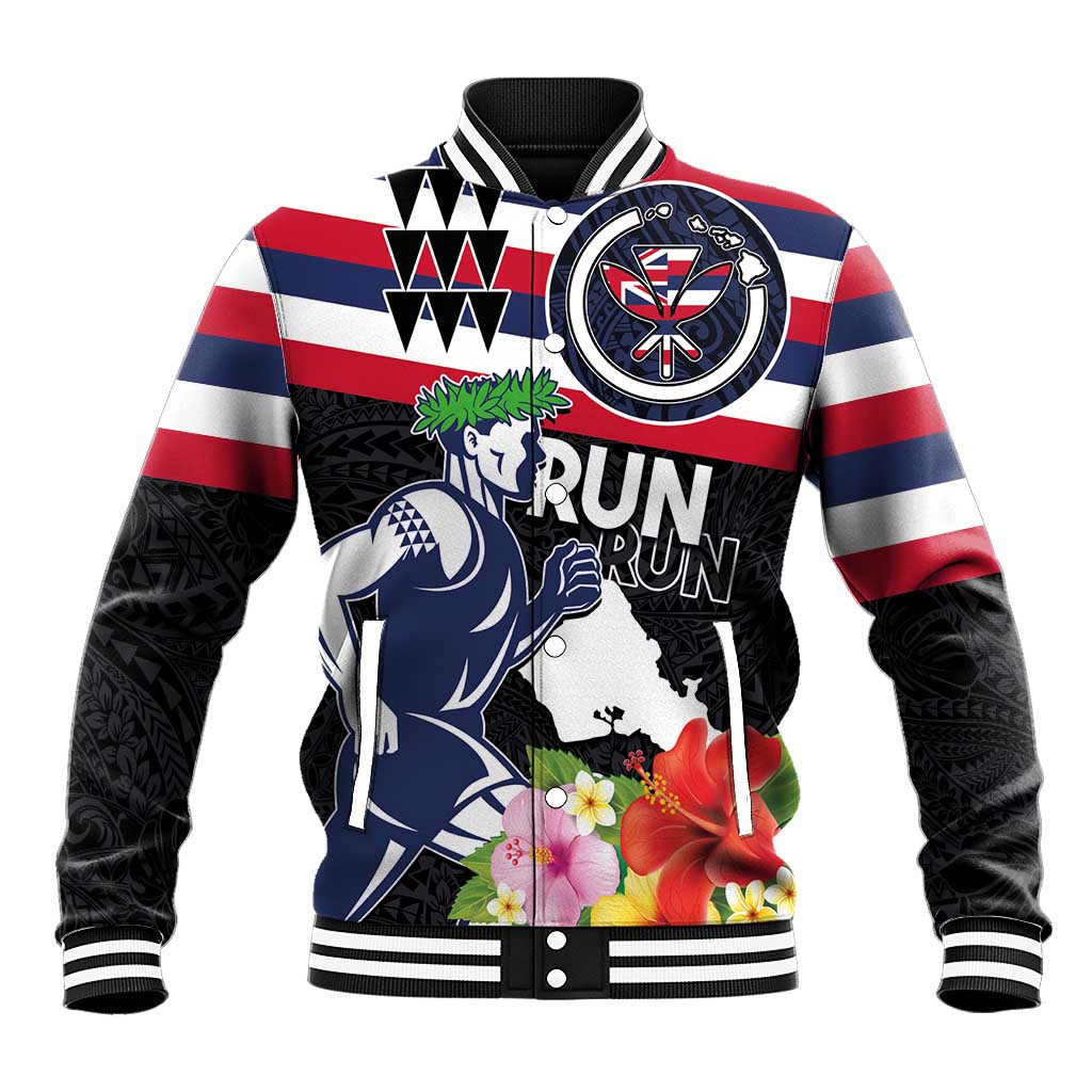 Honolulu Running Race Baseball Jacket Hawaii Marathon Kakau Art with Hibiscus and National Flag Style LT03 Unisex Blue and White - Polynesian Pride