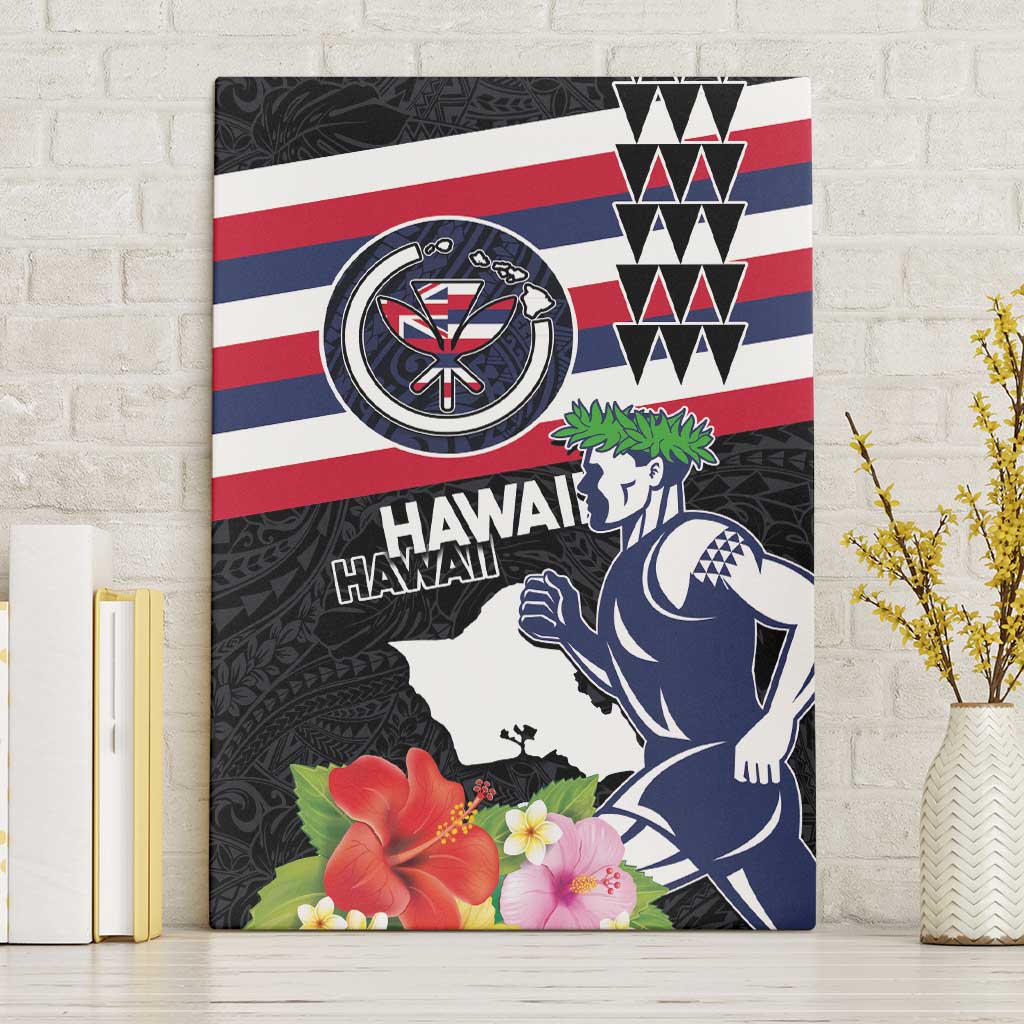 Honolulu Running Race Canvas Wall Art Hawaii Marathon Kakau Art with Hibiscus and National Flag Style LT03 Without Frame Blue and White - Polynesian Pride