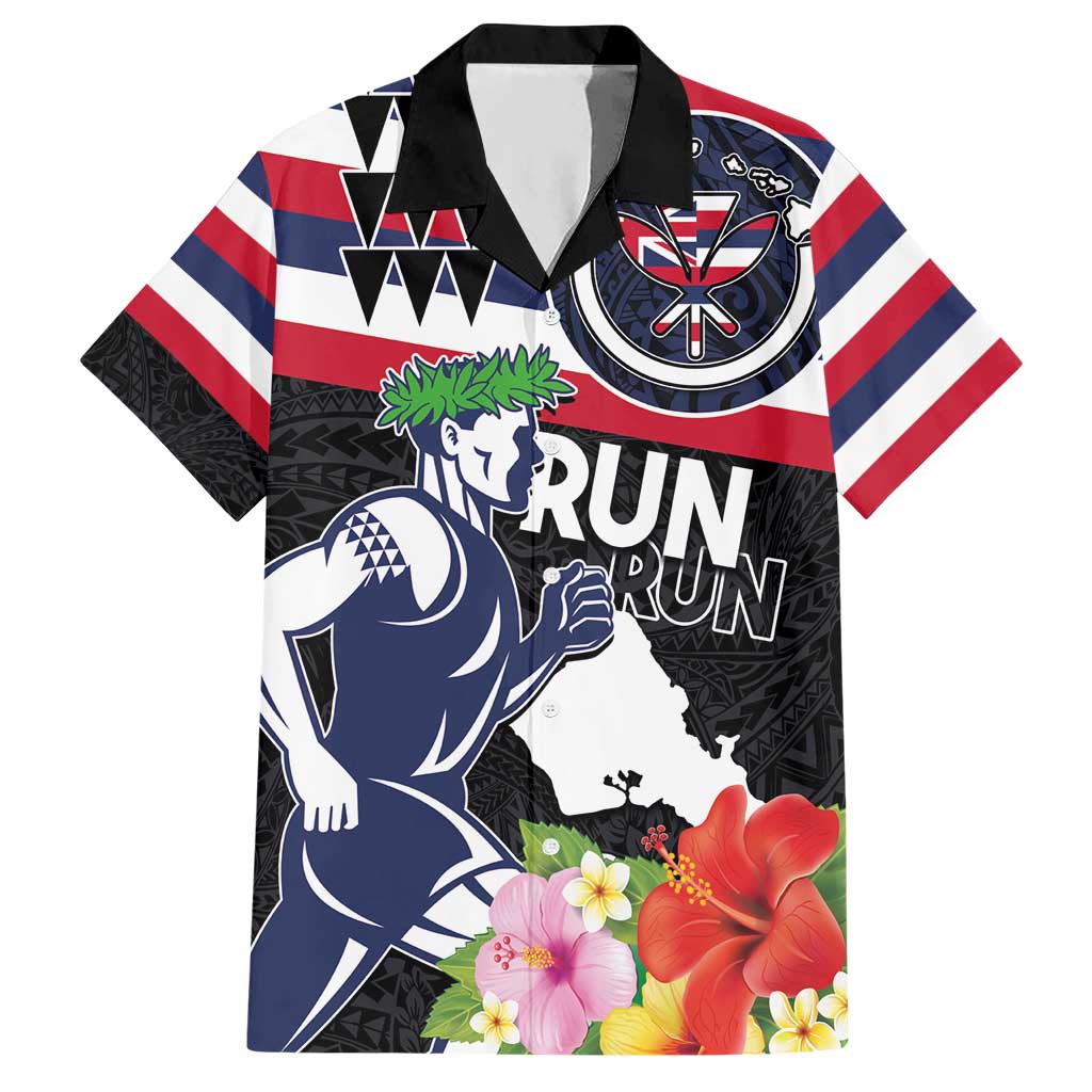 Honolulu Running Race Hawaiian Shirt Hawaii Marathon Kakau Art with Hibiscus and National Flag Style LT03 Blue and White - Polynesian Pride
