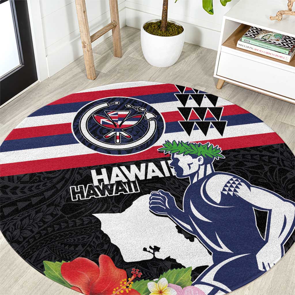 Honolulu Running Race Round Carpet Hawaii Marathon Kakau Art with Hibiscus and National Flag Style LT03 Blue and White - Polynesian Pride