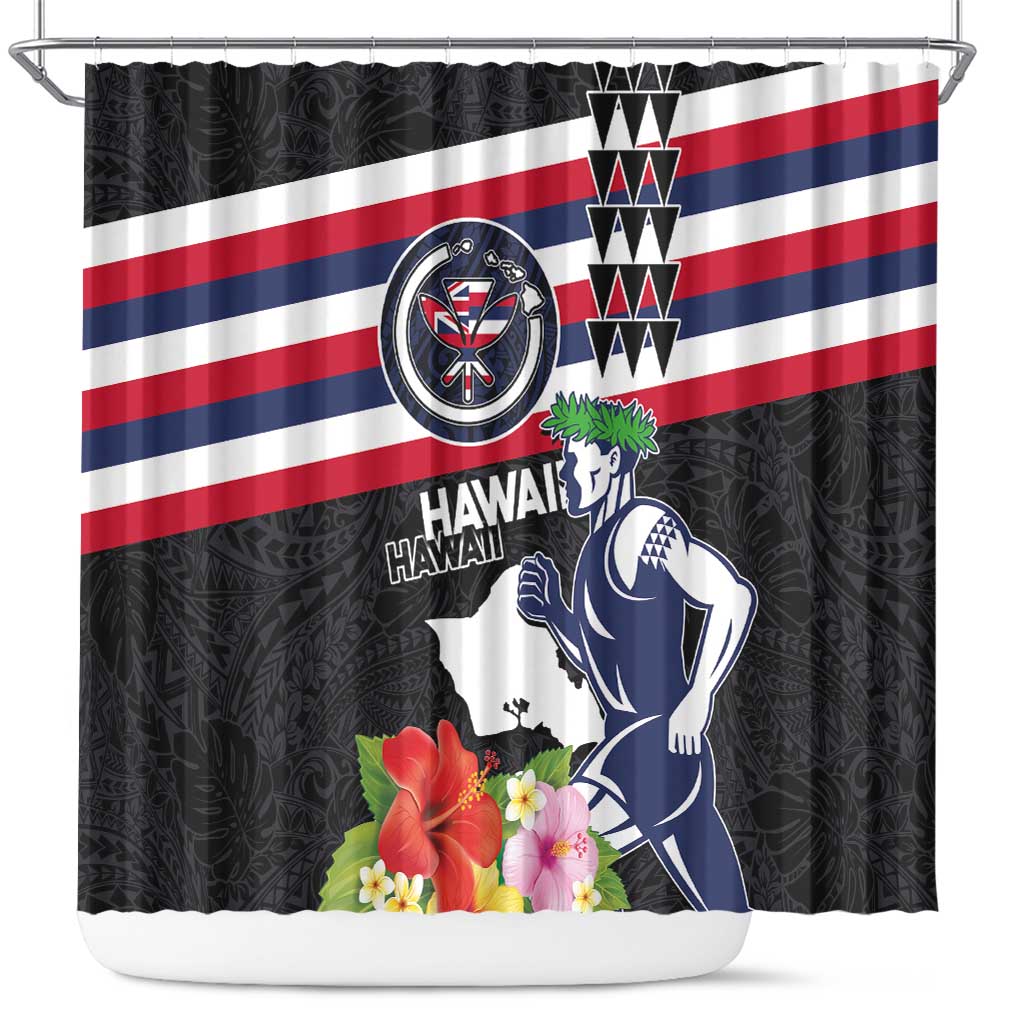 Honolulu Running Race Shower Curtain Hawaii Marathon Kakau Art with Hibiscus and National Flag Style LT03 Blue and White - Polynesian Pride