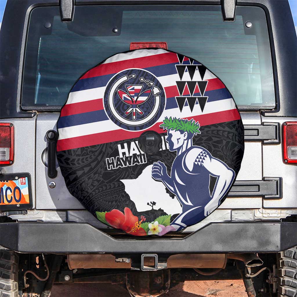 Honolulu Running Race Spare Tire Cover Hawaii Marathon Kakau Art with Hibiscus and National Flag Style