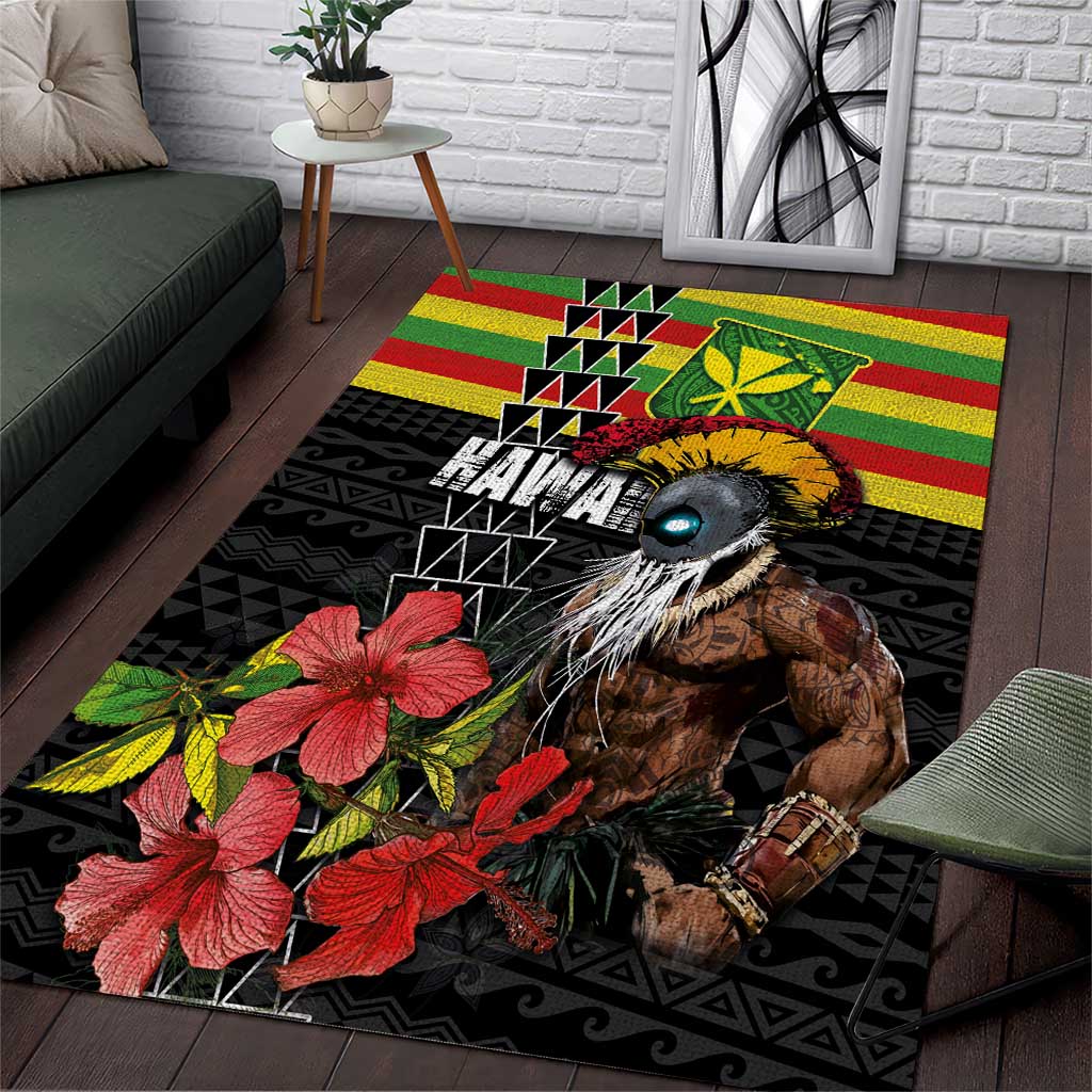 Kanaka Maoli Ikaika Warrior Area Rug Hibiscus Kakau Art and Tapa Tribal Pattern