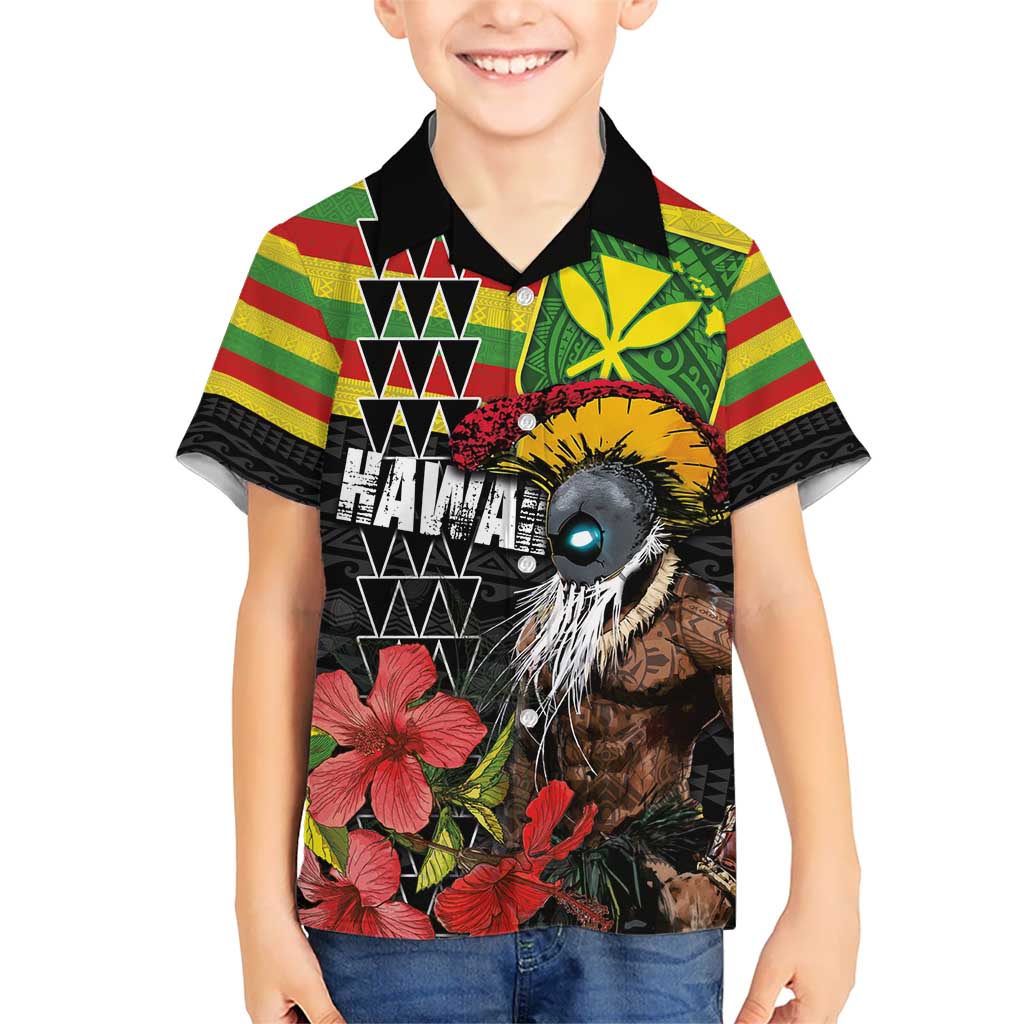 Kanaka Maoli Ikaika Warrior Kid Hawaiian Shirt Hibiscus Kakau Art and Tapa Tribal Pattern LT03 Kid Black - Polynesian Pride