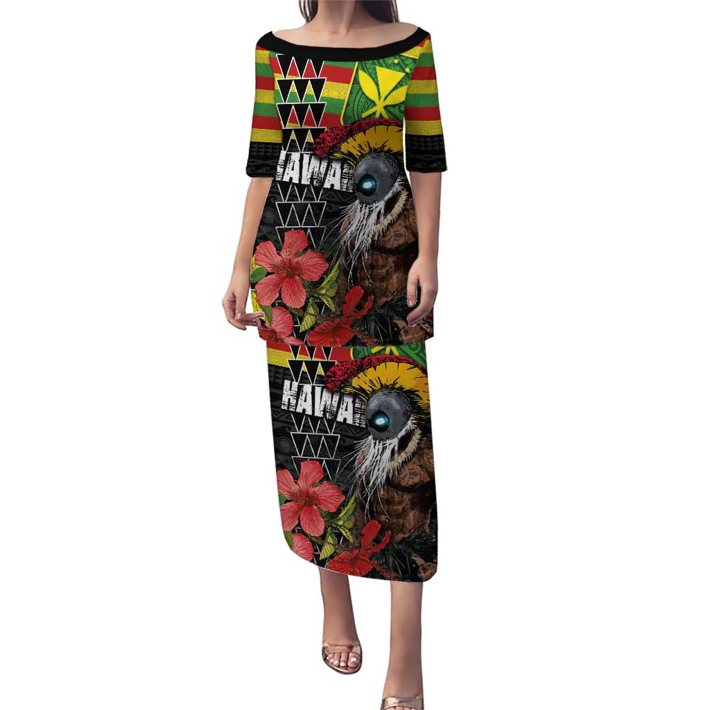 Kanaka Maoli Ikaika Warrior Puletasi Hibiscus Kakau Art and Tapa Tribal Pattern LT03 Long Dress Black - Polynesian Pride