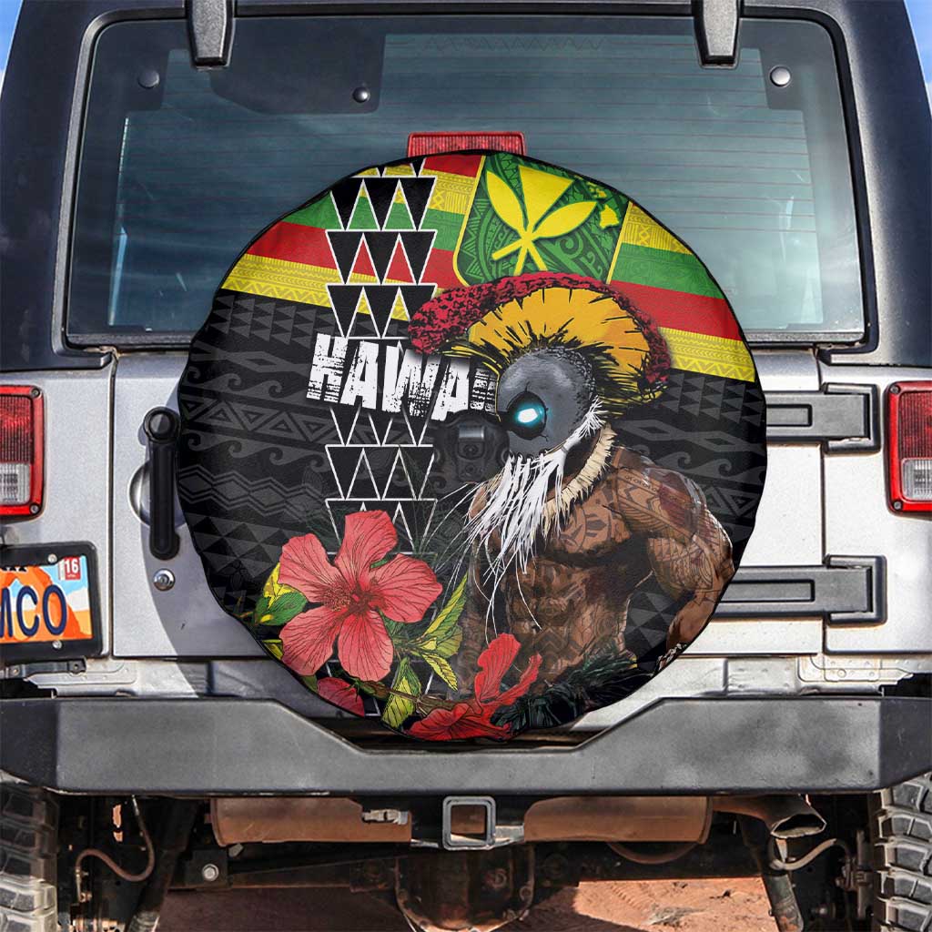 Kanaka Maoli Ikaika Warrior Spare Tire Cover Hibiscus Kakau Art and Tapa Tribal Pattern