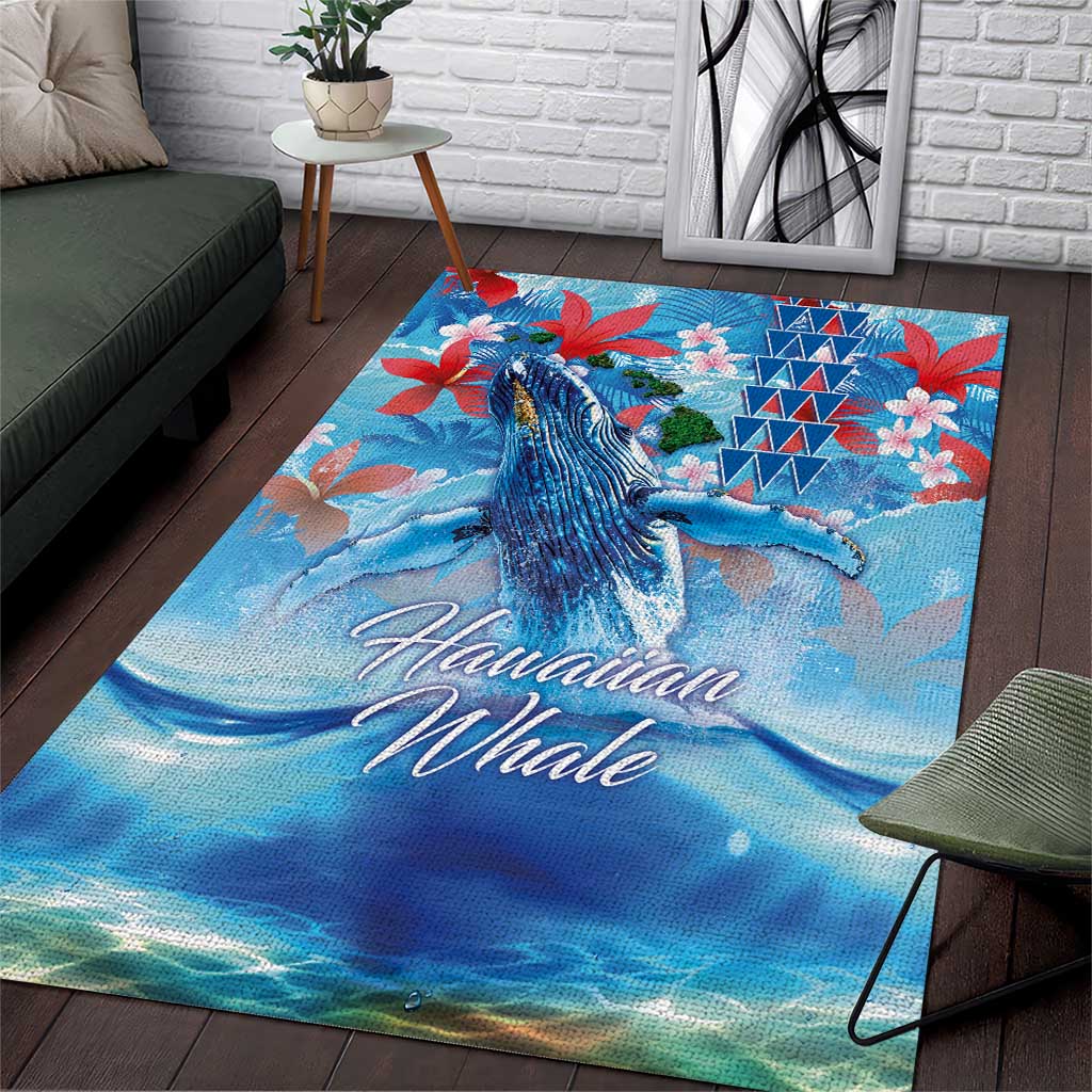 Hawaiian Waves Whale Area Rug Kakau Art and Tropical Red Hibiscus Flowers LT03 Blue - Polynesian Pride