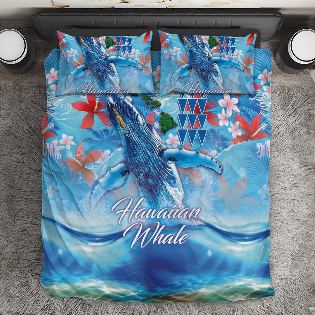 Hawaiian Waves Whale Bedding Set Kakau Art and Tropical Red Hibiscus Flowers LT03 Blue - Polynesian Pride